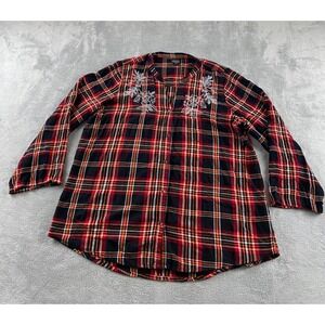 Simply Emma Red Plaid Embroidered Button Front Tunic Shirt Womens 2X Roll Sleeve